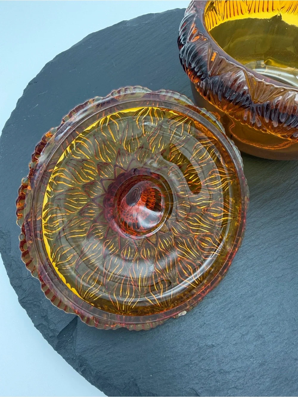 Vintage Williams Sonoma Amber Glass Pumpkin Lidded Candy Dish